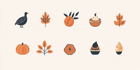Fototapeta premium A set of Thanksgiving icons including a turkey, pumpkin, pie, acorn, and autumn leaves, in a minimalist style