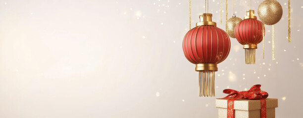 Celebrating lunar new year with red lanterns and gift boxes festive atmosphere holiday decor warm lighting