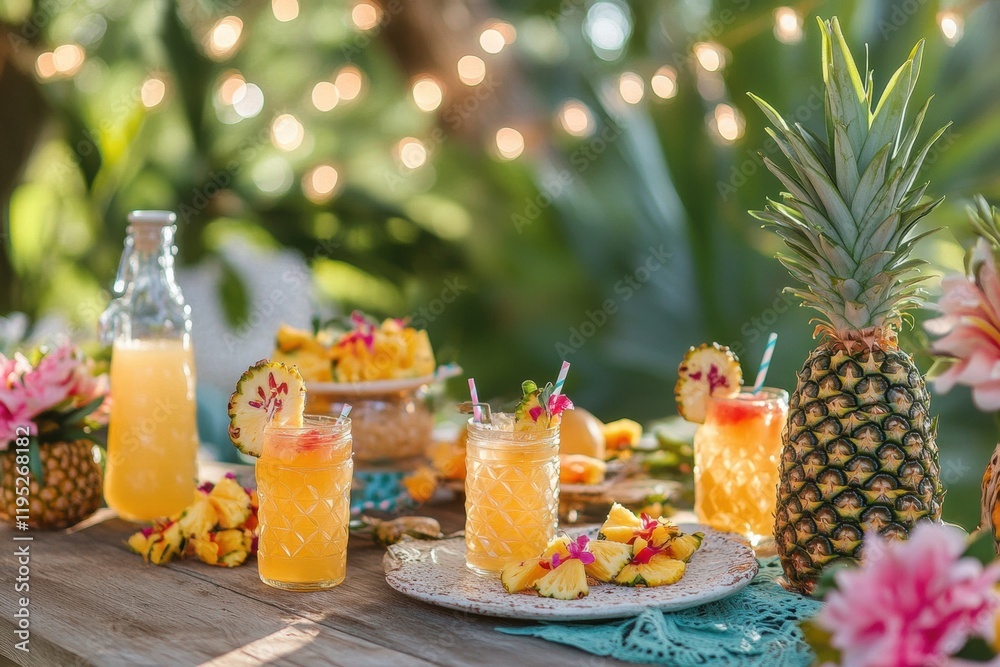 Poster enjoying a delightful summer picnic with tropical drinks and fresh pineapples surrounded by vibrant 