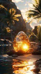 A glowing sun egg in an oasis.