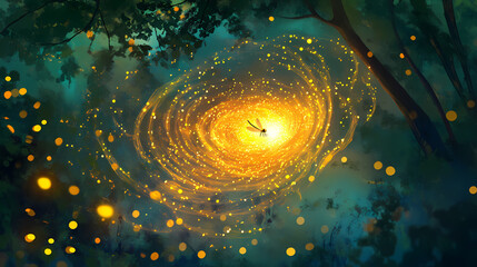 A solitary firefly's radiant golden glow amidst a swirling vortex of twinkling fireflies, firefly swarm, golden firefly. Fireveil. Illustration
