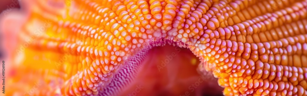 Poster Macro view of starfish central disk showcasing vibrant orange and pink textures and patterns