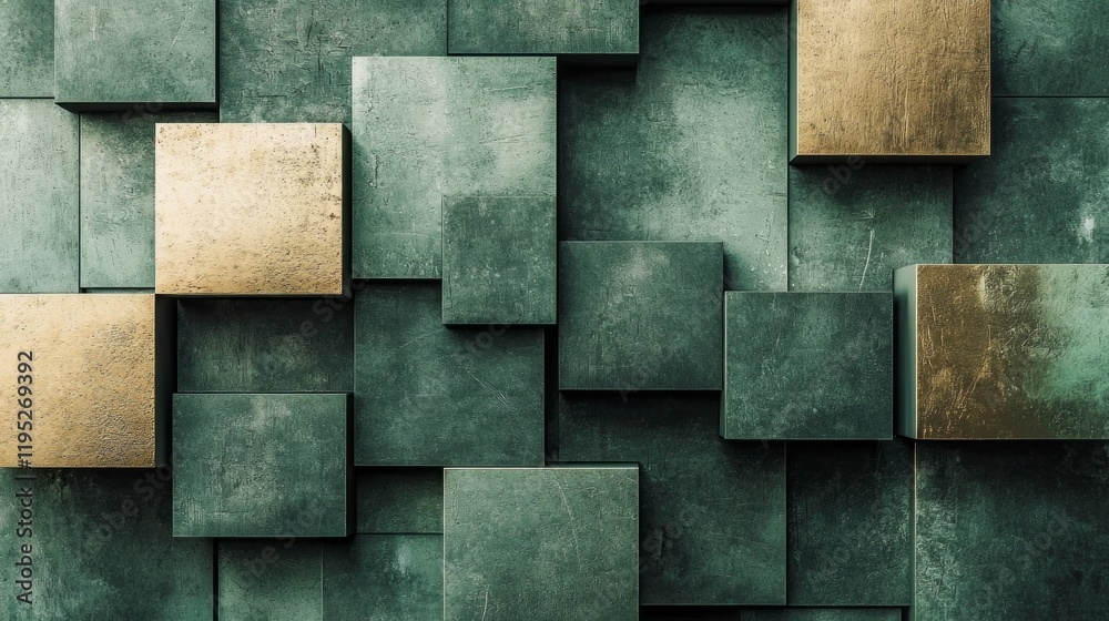 Poster geometric squares in shades of muted green and gold interlock to form a striking modern design. this