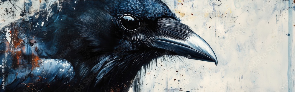 Poster close-up of a crow's face showcasing glossy black feathers, sharp beak, and piercing eyes in a moody