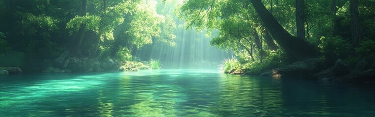 Obraz premium Rejuvenating morning light shines on a turquoise lake surrounded by a lush green forest