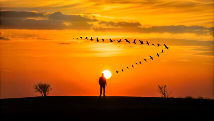 Mann steht vor der Sonne - Zugvögel fliegen in Formation - Natur und Tierwelt - Wildgänse im Flug - Sehnsucht und Freiheit