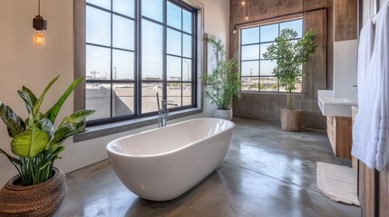Fototapeta premium Loft bathroom design featuring freestanding tub and industrial windows with concrete flooring