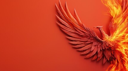 Obraz premium Undefeated Concept, Fiery Abstract Phoenix With Glowing Wings in Vibrant Hues Against a Bold Red Background