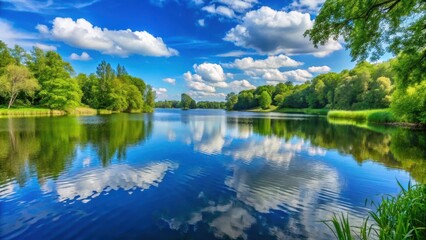 Tranquil lake on a clear blue sky background with a few white clouds, surrounded by lush greenery and trees, capturing the serene atmosphere of nature, calmness, nature