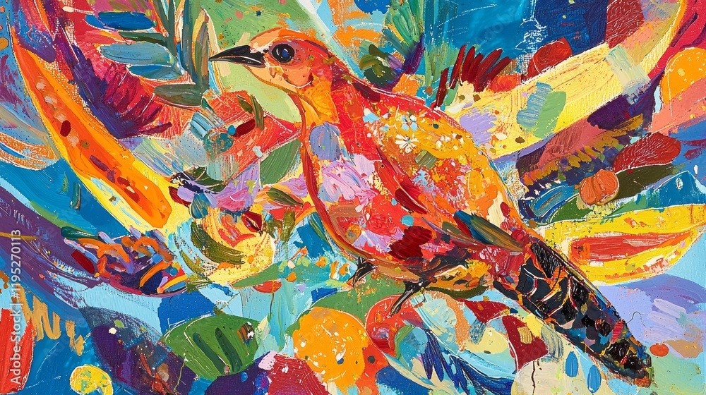 Poster a striking representation of a bird surrounded by a burst of colors and shapes, creating a sense of 
