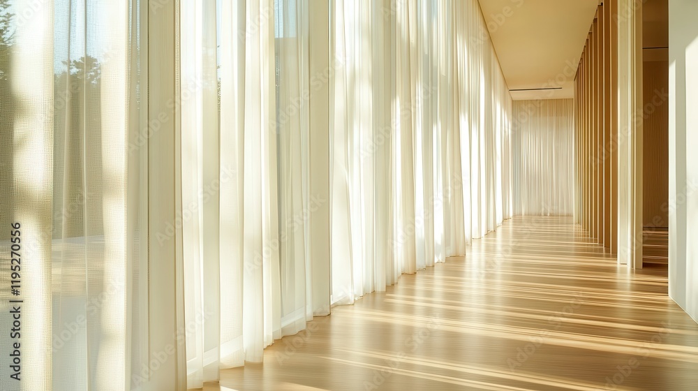 Aufkleber elegant hallway featuring tall vertical windows and soft light through sheer curtains in a minimalis