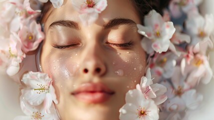 Obraz premium Relaxing facial treatment in a serene spa closeup view dreamlike floral environment