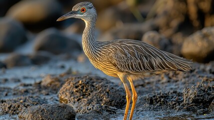 Yellow crowned night heron wading in shallow water