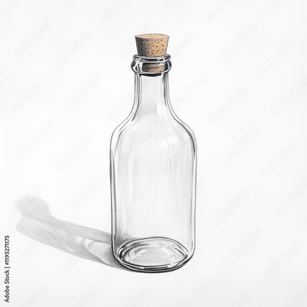 Poster pencil rendering of a glass bottle with cork stopper showcasing subtle reflections on a white backgr
