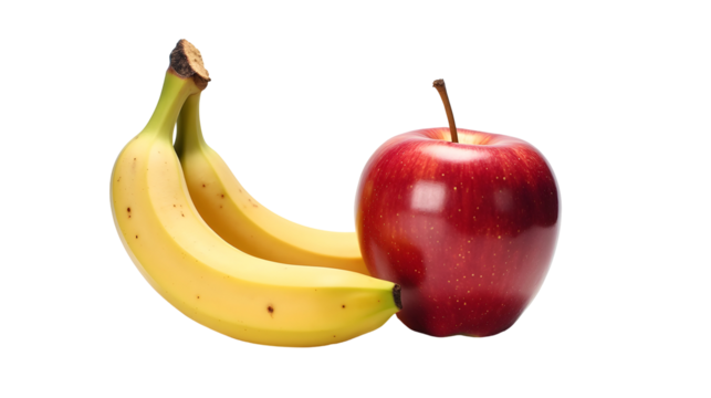 A vibrant red apple and a pair of ripe, yellow bananas .  A simple yet striking image showcasing the beauty of fresh fruit., cut out,transparent background