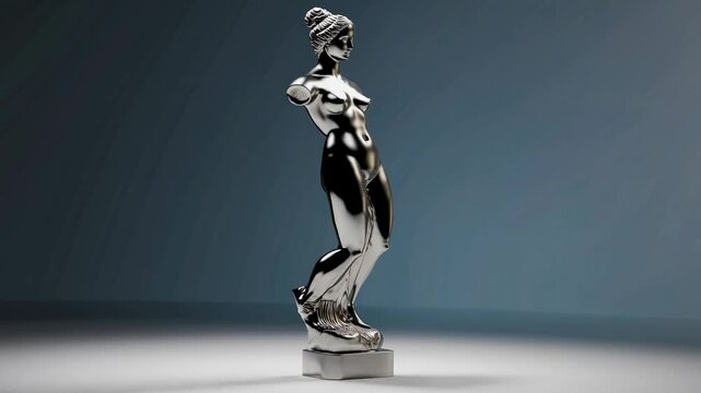 Shiny metallic venus de milo statue rotating slowly on white background, casting elegant reflections and highlighting sculptural details with pristine chrome-like surface