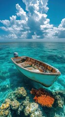 Obraz premium A small fishing boat in clear waters.