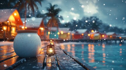 Snowfall on a vibrant pier.