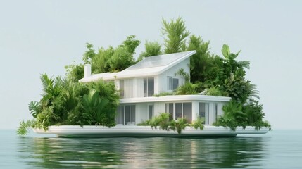 Modern house covered in plants floats peacefully on calm waters under clear skies