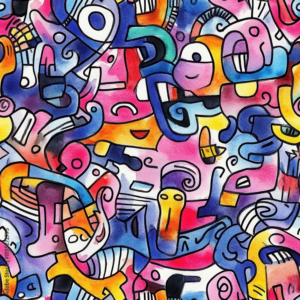 Poster dynamic watercolor doodles featuring overlapping cartoon symbols in bold colors and intricate textur