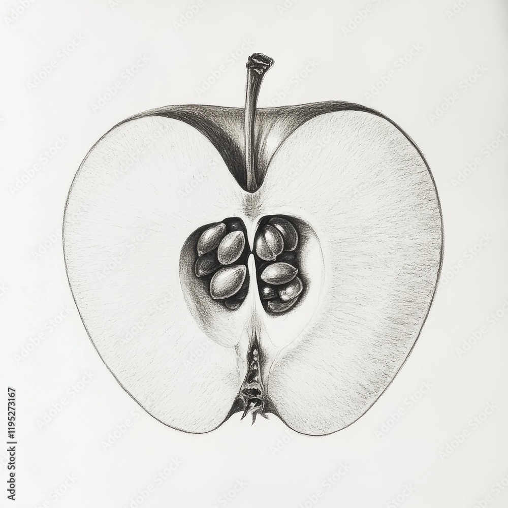 Poster Cross section of an apple illustrating intricate seeds and core in detailed pencil sketch display