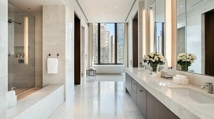 Fototapeta premium Bathroom Remodeling Ideas. A modern bathroom with sleek finishes, large windows, and elegant decor, featuring a spacious shower and dual sinks.