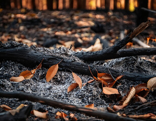 Fototapeta premium A close-up of ash and burnt leaves on the forest floor, a somber reminder of the recent fire's impact.
