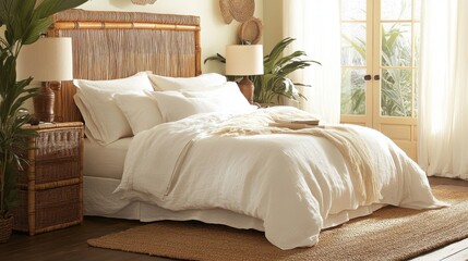 Cozy bedroom with bamboo headboard, light linens, and jute rug creates a serene atmosphere for relaxation