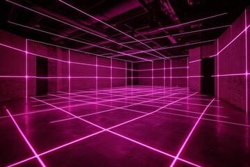 Obraz premium Pink laser grid illuminates dark room's floor and walls.