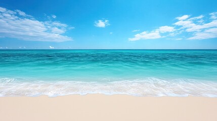 Fototapeta premium Serene beach scene with turquoise waters and clear blue skies.