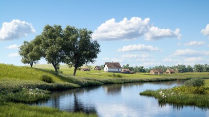 Obraz premium Picturesque Village by the River