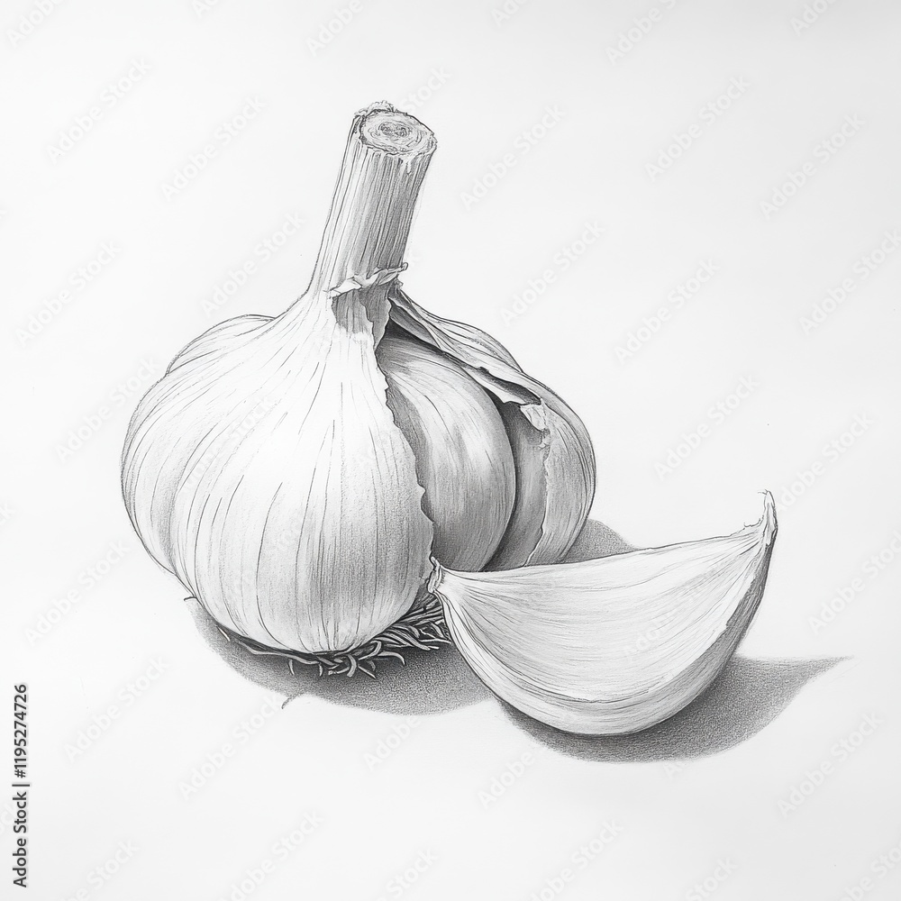 Poster detailed pencil drawing of a clove of garlic separated from its bulb showcasing intricate textures a