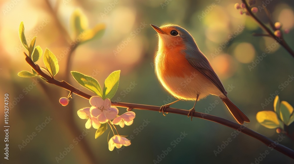 Poster close-up capture of a robin singing joyfully on a budding branch under golden morning light