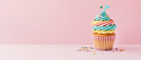Colorful rainbow cupcakes with swirling frosting and festive sprinkles, creating a fun, celebratory atmosphere filled with joy and flavor