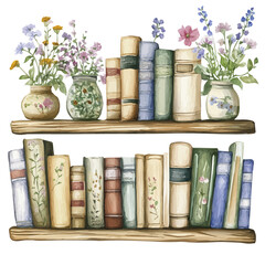 A watercolor drawing of a bookshelf with books and natural flowers, isolated on a white background. Bookshelf vector.
