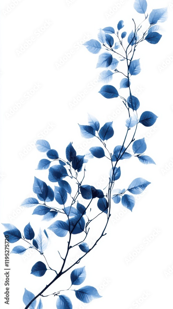 Poster bold graphic arrangement of monochromatic branches with cobalt blue leaves on a white background emp
