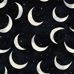 Naklejka premium Bold doodle cartoon watercolor pattern of crescent and full moons against a textured black background