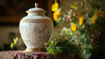 Close-up of an elegant marble container in the shape of an urn for human ashes, standing on a decorated podium, the focus point is on the urn, flowers and green leaves are lying on the table