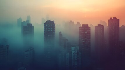 Fototapeta premium Misty Cityscape with Glowing Skyline at Sunset or Dawn
