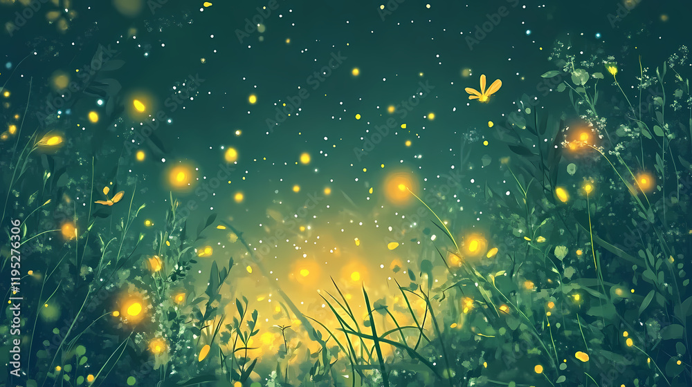 Wall mural a firefly flashing rhythmically flat design top view meadow theme animation complementary color sche