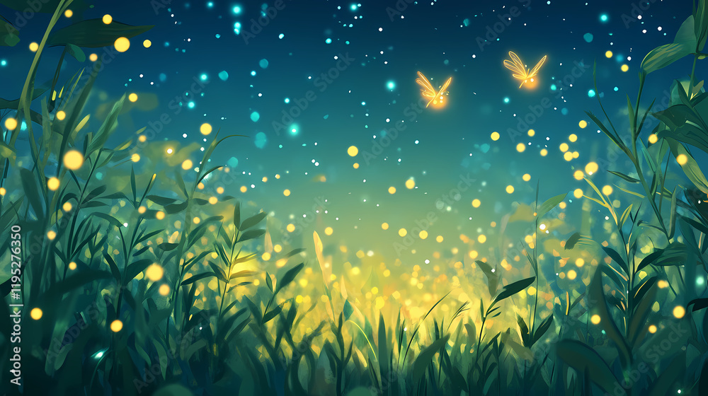 Wall mural a firefly flashing rhythmically flat design top view meadow theme animation complementary color sche