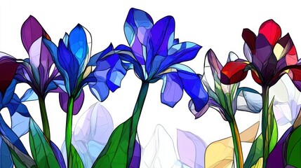 Bluebell Garden Clipart, vibrant stained glass design, intricate watercolor details, set against a clean white background, high resolution quality