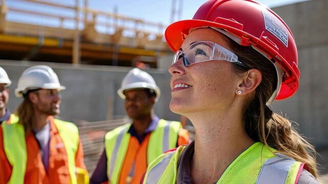 A woman engineer mentors a group of new hires, teaching the basics of technology in construction and teamwork