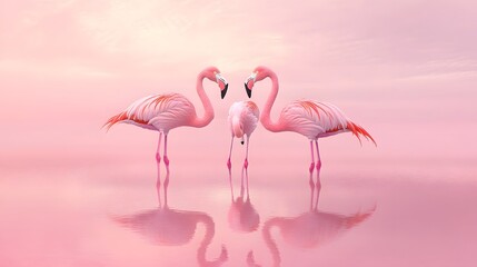 Naklejka premium Elegant Pink Flamingos Standing Together by Calm Water Surface