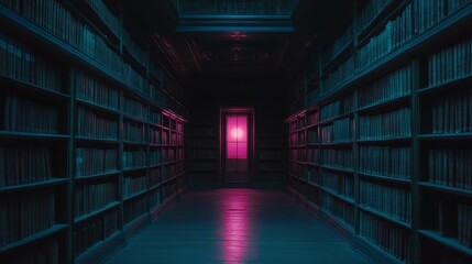 Fototapeta premium Dark library, rows of books, glowing door.