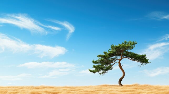Undefeated Concept, Majestic Lone Tree Standing Tall Against a Clear Sky in a Wind-Swept Field
