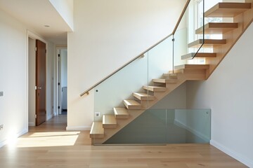 A modern staircase with minimalist design, featuring sleek glass railings and wooden steps. The clean lines and natural light highlight the contemporary aesthetic and elegance of the home's interior