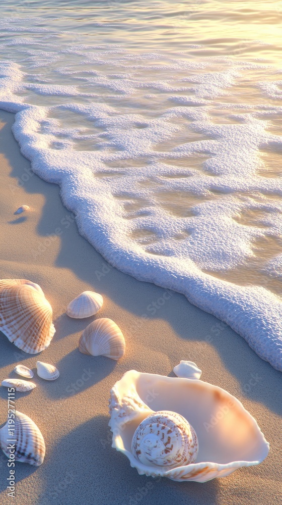 Poster serene coastal scene with seashells and gentle waves on a tranquil beach at sunset