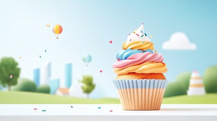 Handmade rainbow cupcakes with vibrant frosting layers and colorful sprinkles, delicately crafted for a joyful dessert experience, set in a playful, charming atmosphere