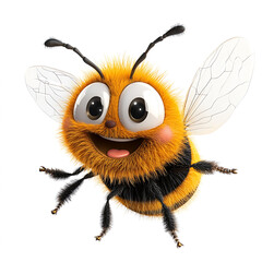 Obraz premium Adorable 3D rendering of a fluffy, cartoon bumble bee with a cheerful expression, flying against a white background. Perfect for children's books, websites, or branding.